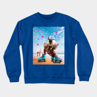 Pug Sloth - Cute Funny Pug Riding Skating Sloth Crewneck Sweatshirt